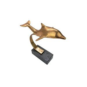 Vintage Dolphin Figurine Brass Sculpture Green Marble Base Penco Figure Marine